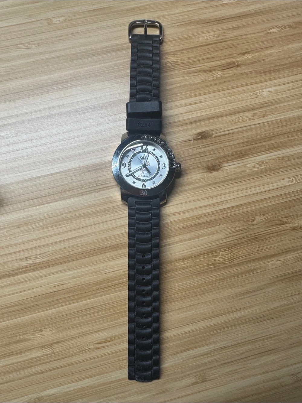 Juicy Couture Silver Dial Black Silicone Strap Watch with Crystal Accents